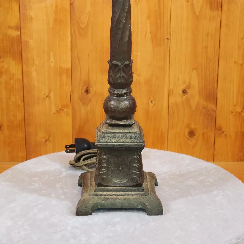 Antique Style Bronze Torchiere Lamp Hammered Column Frosted Tulip Shade
